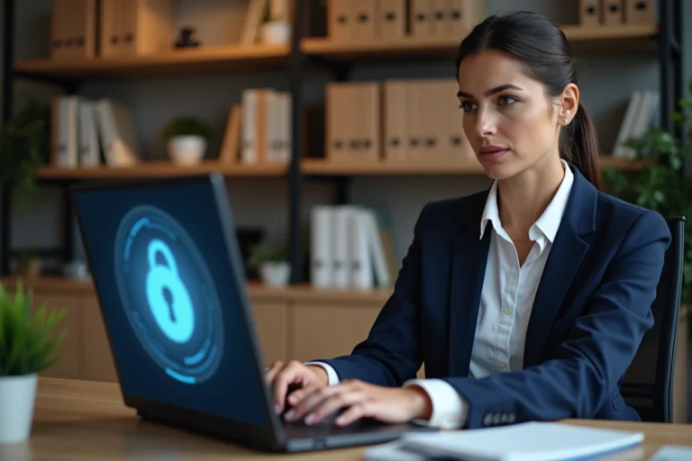 Professionnelle travaillant depuis chez elle sur un portail intranet sécurisé depuis un réseau externe