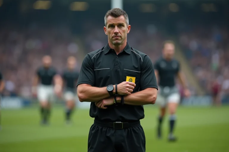 Arbitre de rugby consultant sa montre lors d'une pause entre les deux mi-temps sur un terrain en herbe