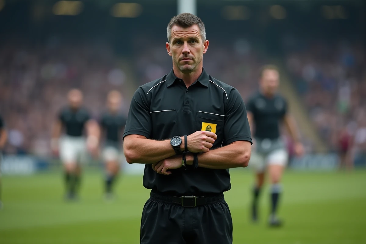 Arbitre de rugby consultant sa montre lors d'une pause entre les deux mi-temps sur un terrain en herbe