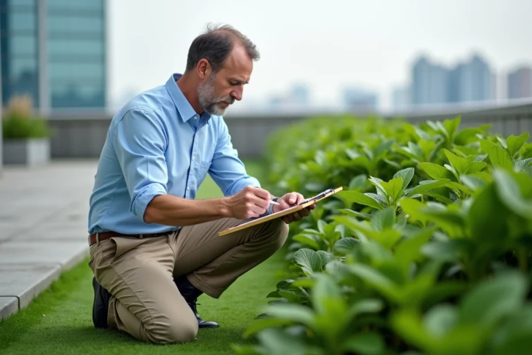 Architecte mesurant un rooftop jardin urbain