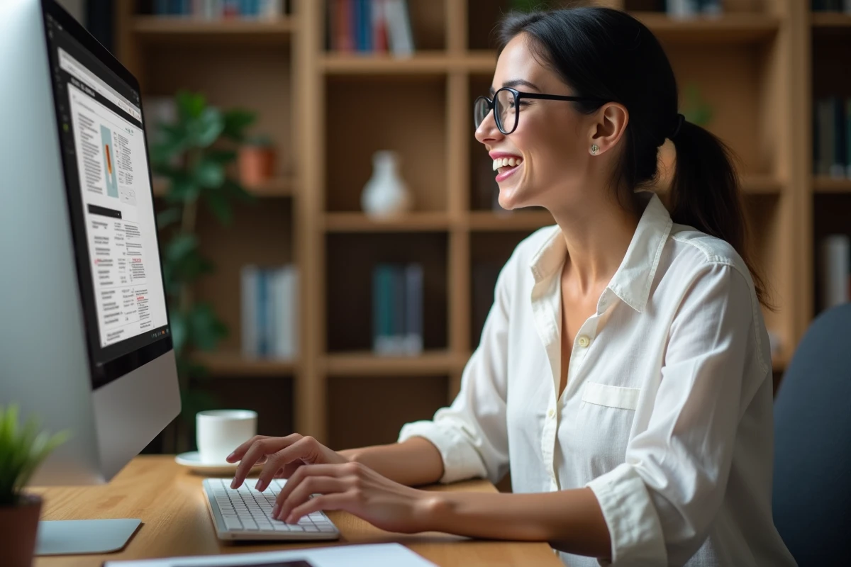 Femme consultant des astuces pour obtenir des codes Canal Plus gratuits sur un ordinateur de bureau à domicile