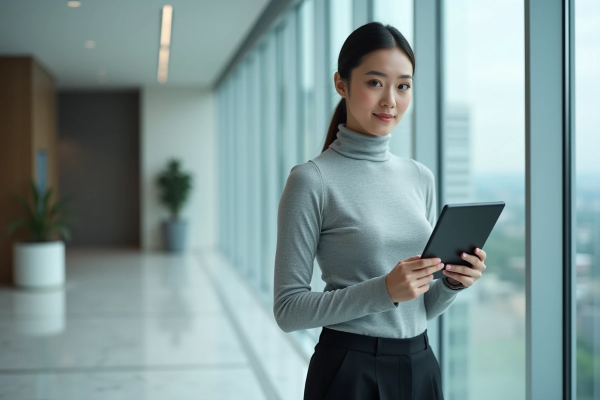Jeune professionnelle consultant un portail sécurisé sur tablette dans le hall d'un immeuble d'entreprise