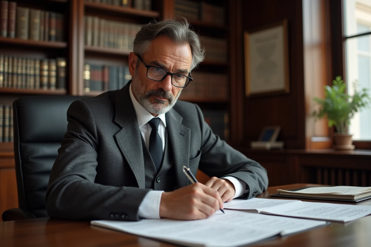 Avocat pénaliste examinant des documents juridiques dans un cabinet en France, représentant les recours légaux et peines encourues pour vol de véhicule