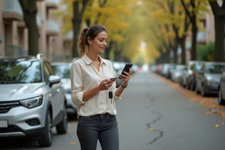 Femme tenant ses clés de voiture et consultant une application d'assurance auto au kilomètre sur son smartphone devant une petite citadine garée dans une rue résidentielle
