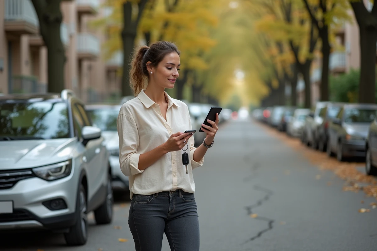 Femme tenant ses clés de voiture et consultant une application d'assurance auto au kilomètre sur son smartphone devant une petite citadine garée dans une rue résidentielle