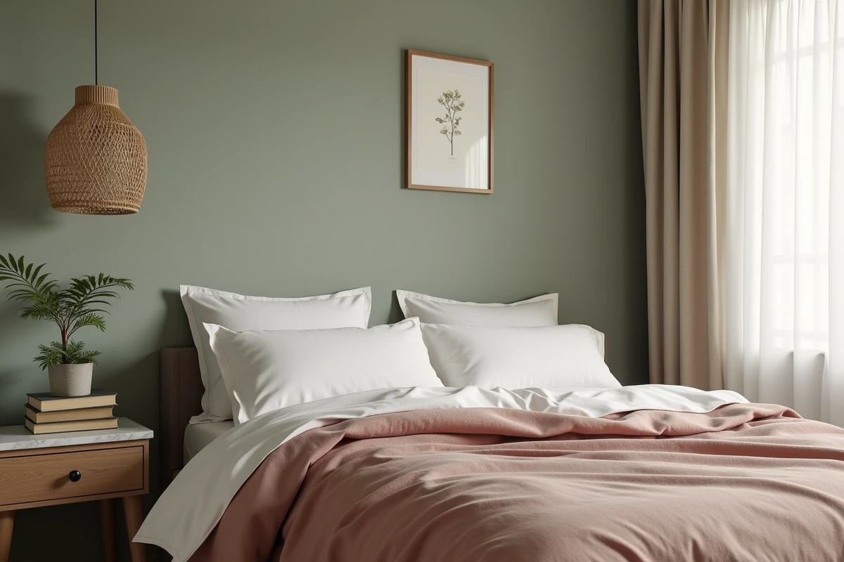 Coin chambre décoré avec literie en coton blanc et argile, table de chevet en marbre et plante verte dans un cadre apaisant