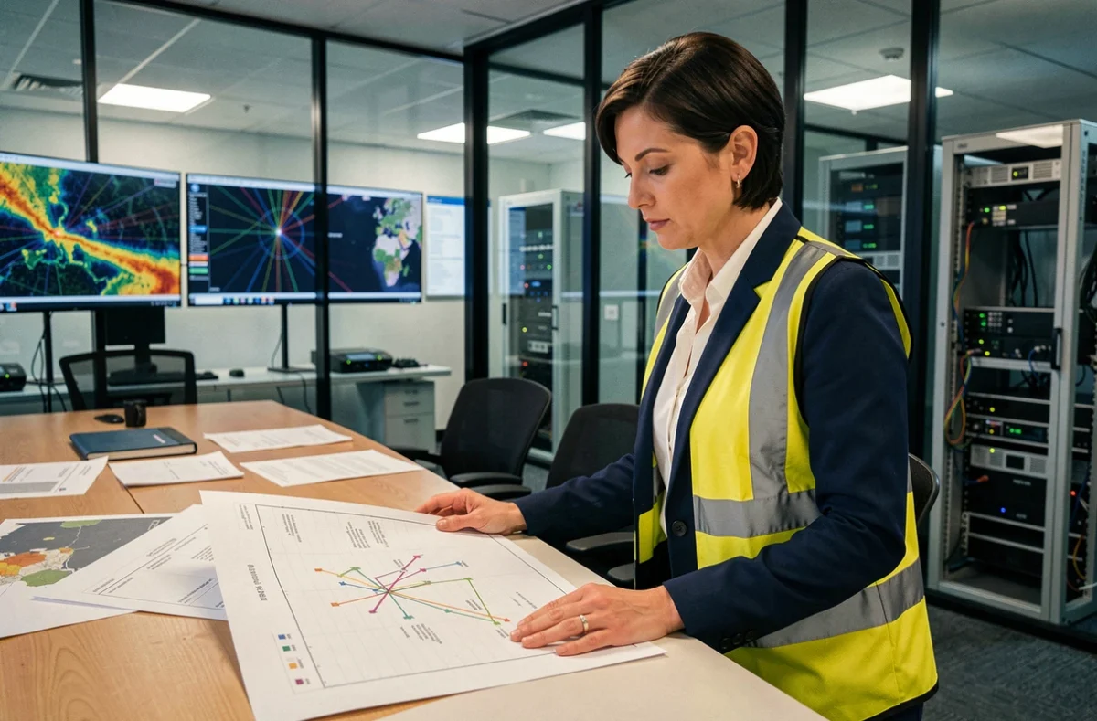Cheffe de projet télécom analysant des documents de coûts et des cartes d'infrastructure 5G dans un centre opérationnel moderne