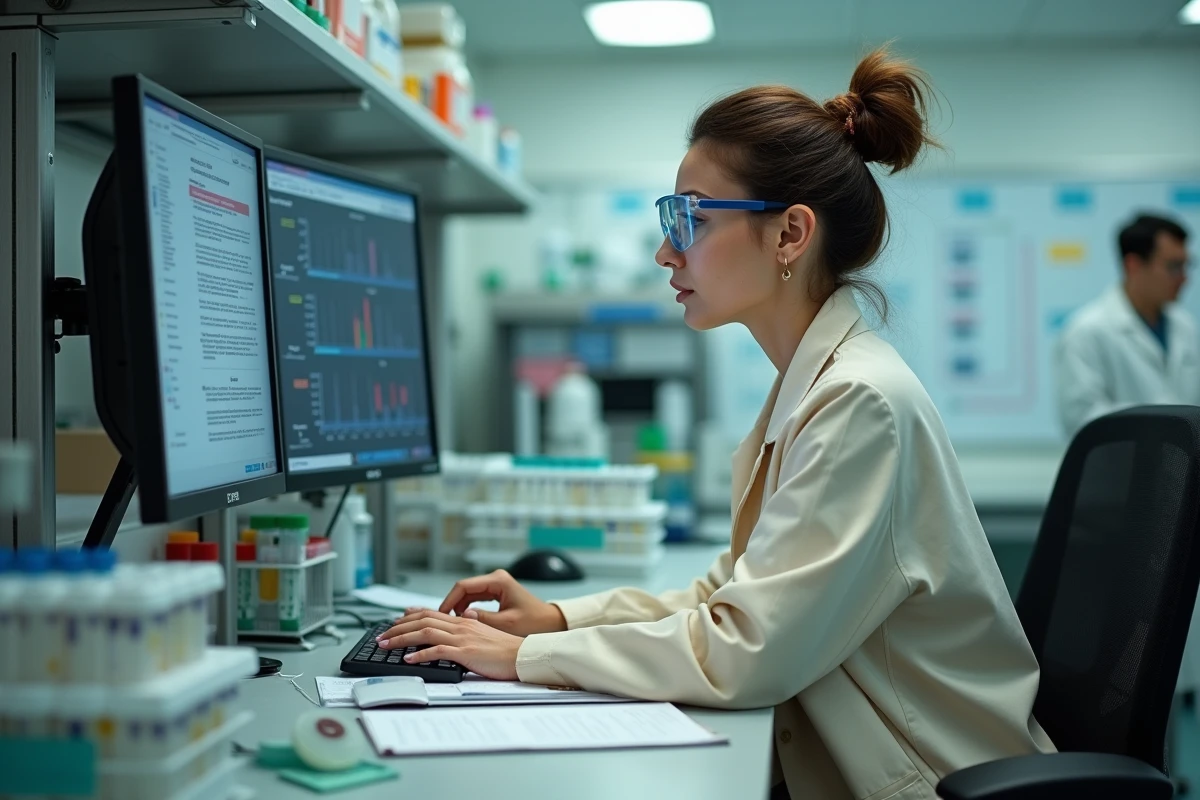 Chercheuse analysant des données scientifiques sur le Ritonic dans un laboratoire pharmaceutique contemporain