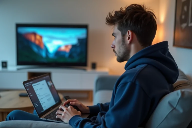Homme jeune cherchant des codes gratuits Canal Plus sur son ordinateur portable dans un salon moderne