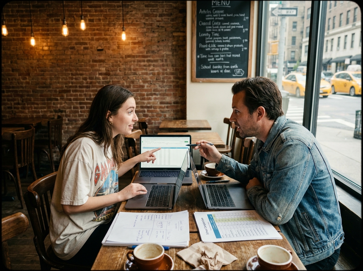Deux étudiants comparant des écoles d'arts appliqués sur ordinateur dans un café avant de choisir leur formation