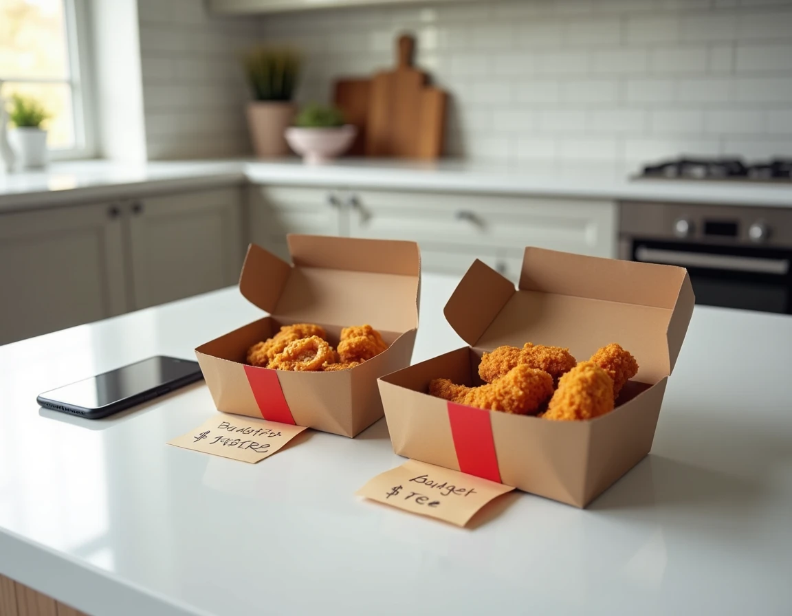 Comparaison de menus bucket KFC à différents prix sur un comptoir de cuisine avec smartphone affichant l'application KFC