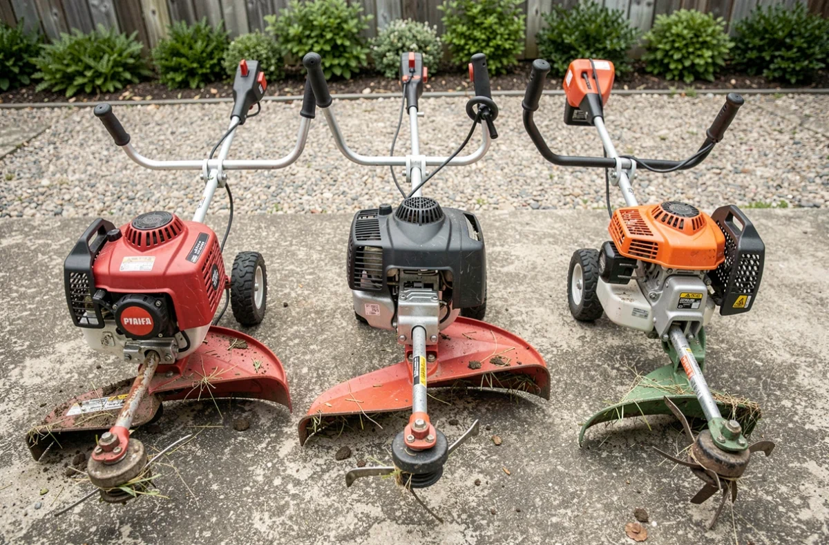 Comparaison de trois modèles de rotofil électrique, sans fil et thermique posés côte à côte sur une surface en béton extérieure
