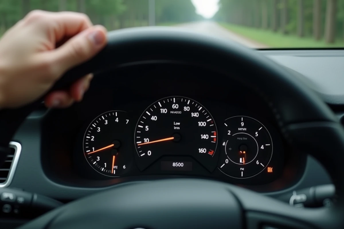 Gros plan sur le compteur kilométrique d'une voiture affichant un faible kilométrage, illustrant le concept d'assurance auto au kilomètre pour les petits rouleurs