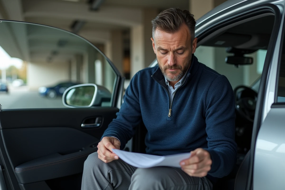 Homme assis dans sa voiture dans un parking souterrain en train de lire son contrat d'assurance auto avec une formule bonus petit rouleur