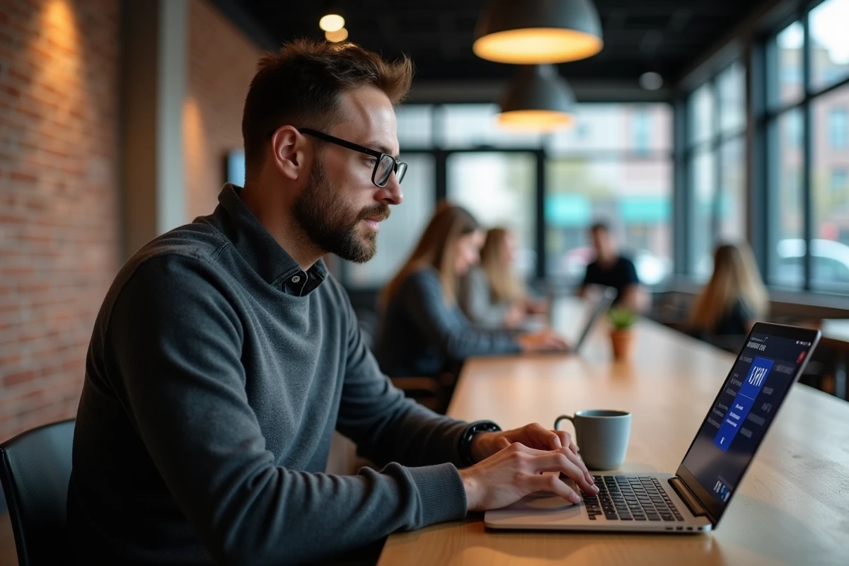 Homme en espace de coworking se connectant à un réseau sécurisé via VPN sur son ordinateur portable