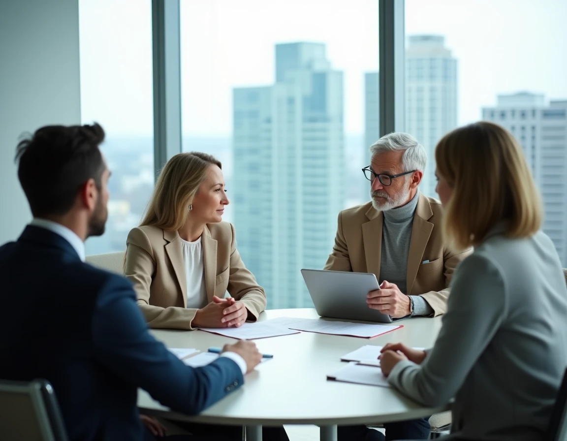 Couple en consultation avec un conseiller patrimonial dans une salle de réunion moderne avec vue sur la ville