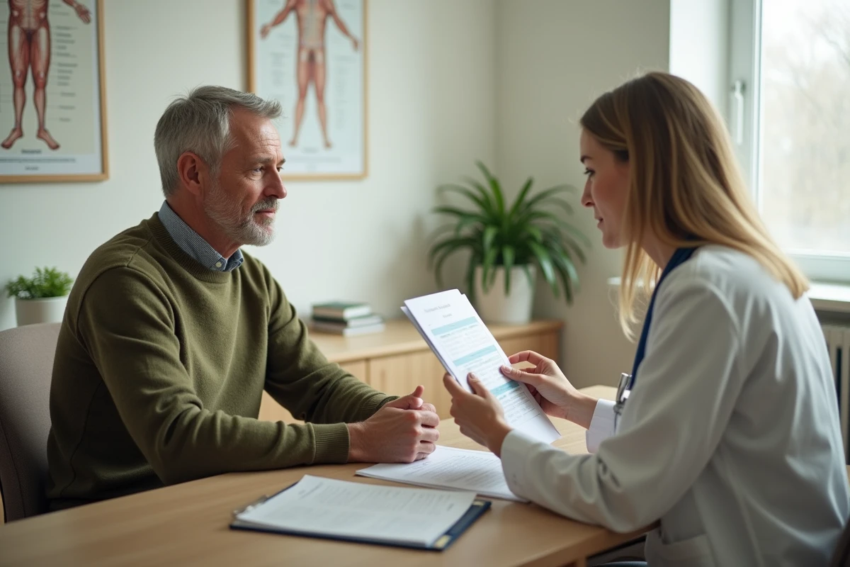 Patient discutant des résultats d'études cliniques sur le Ritonic avec son médecin généraliste en cabinet