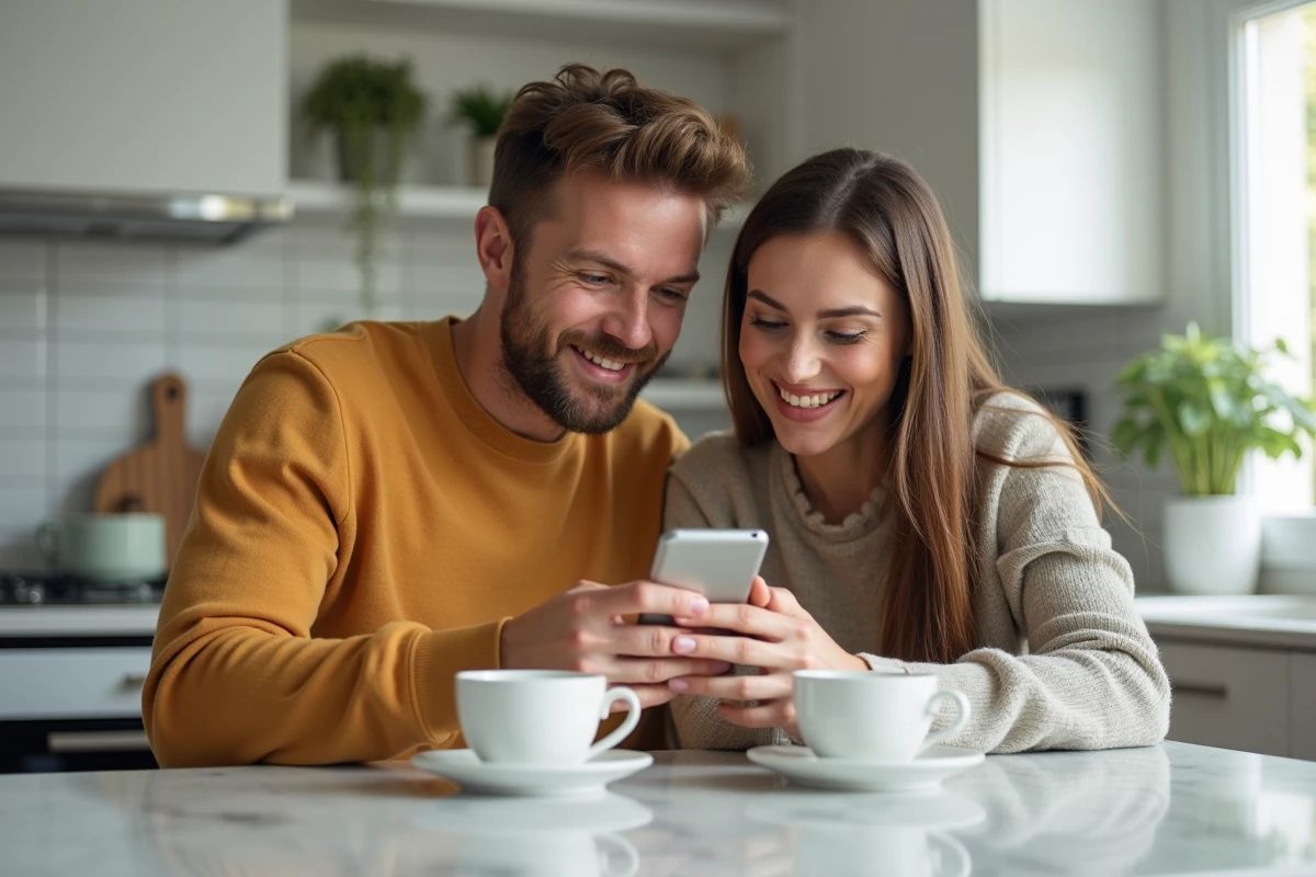 Couple découvrant ensemble des codes promotionnels gratuits pour Canal Plus sur un smartphone dans une cuisine