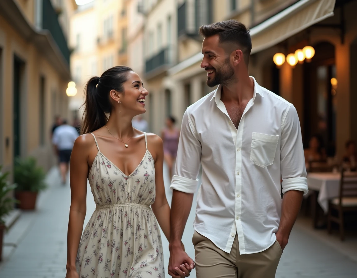 Couple sportif et élégant se promenant dans une rue pavée européenne, illustrant une nouvelle idylle romantique en 2024 dans le contexte de la vie sentimentale de Kristina Mladenovic