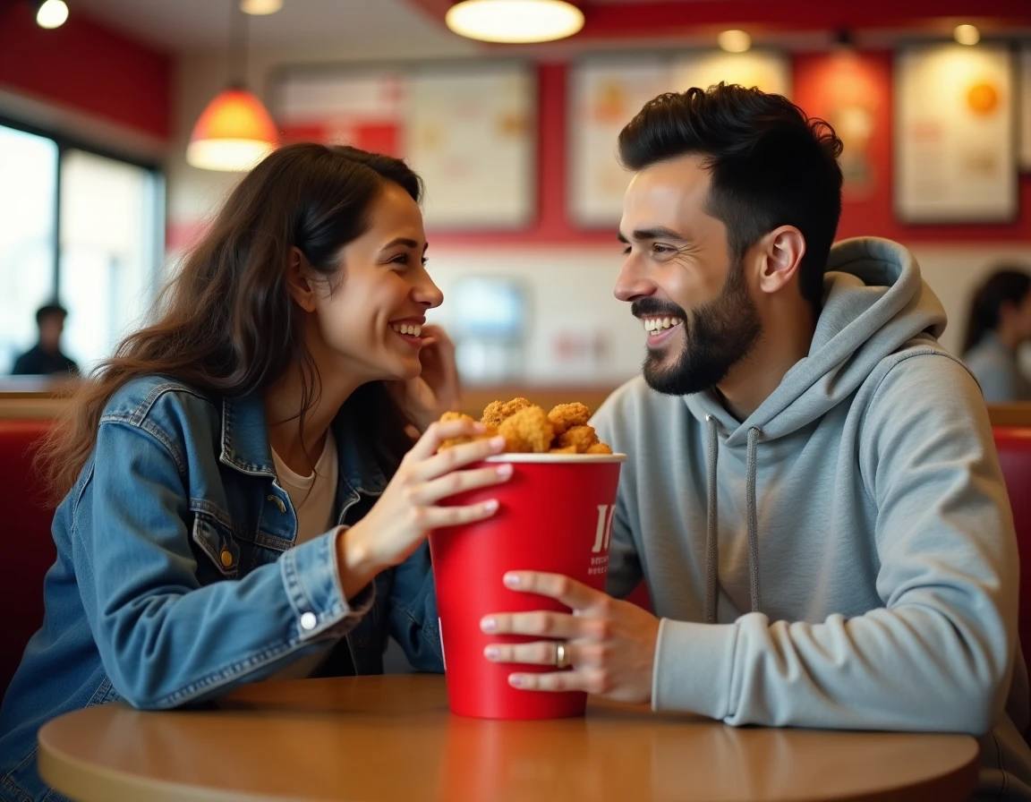 Couple de jeunes adultes partageant un bucket KFC dans un restaurant, souriant et choisissant ensemble leur repas fast-food