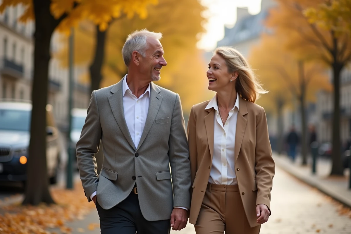 Couple élégant se promenant sur un boulevard parisien en automne, évoquant la vie personnelle et le parcours inspirant de Guillaume Faury et son épouse