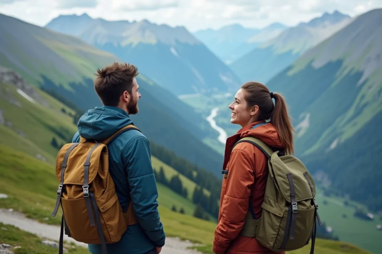 Jeune couple en montagne avec vue panoramique