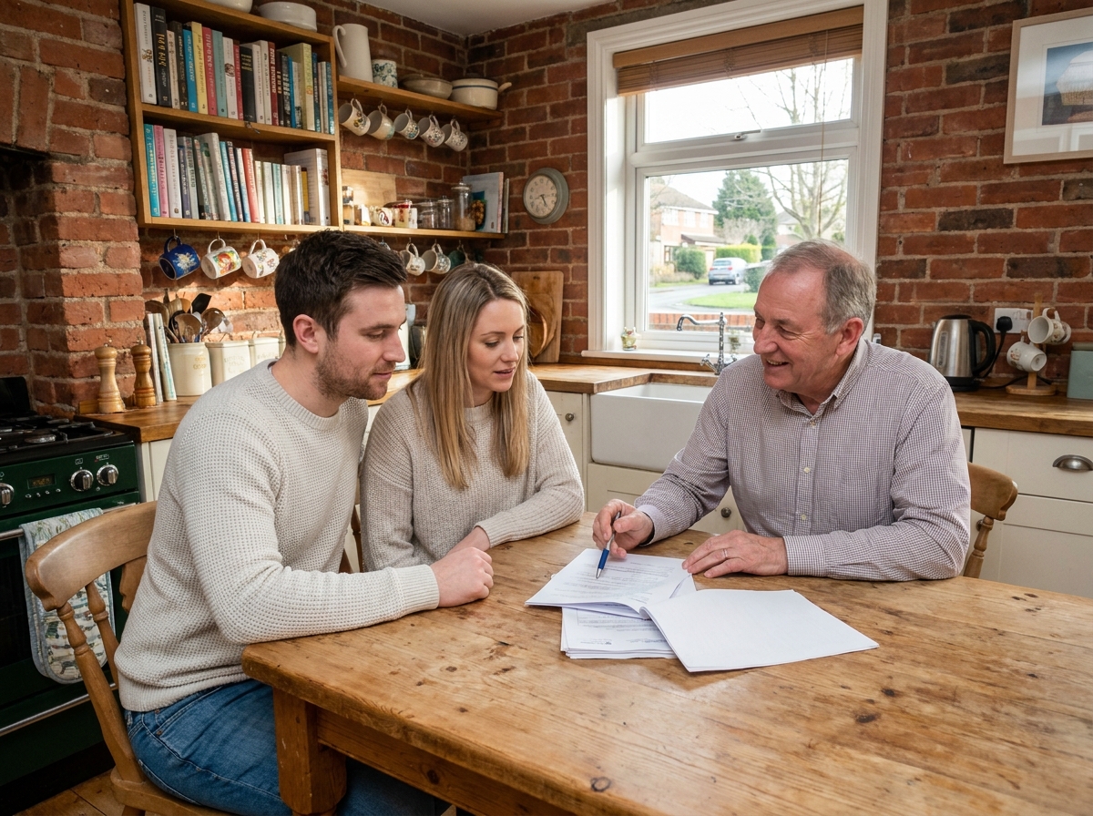 Jeune couple avec conseiller immobilier à la maison