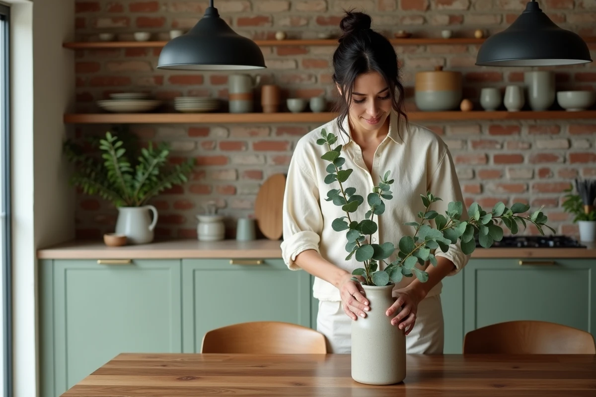 Femme arrangeant une décoration florale sur une table en noyer dans une cuisine ouverte aux tons verts sauge et laiton