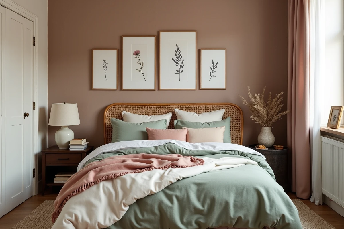 Chambre à coucher tendance avec tête de lit en rotin, literie en tons doux et mur de cadres botaniques