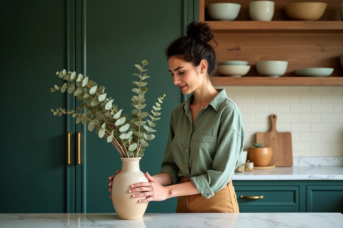 Femme arrangeant des fleurs séchées dans une cuisine moderne aux armoires vertes et quincaillerie dorée