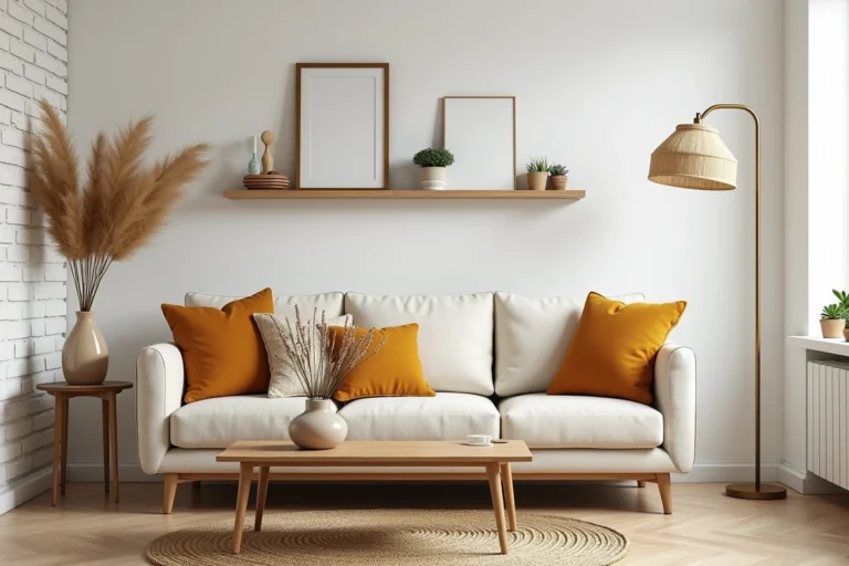 Salon scandinave décoré avec canapé en lin crème, coussins texturés et étagères en bois avec plantes et cadres laiton