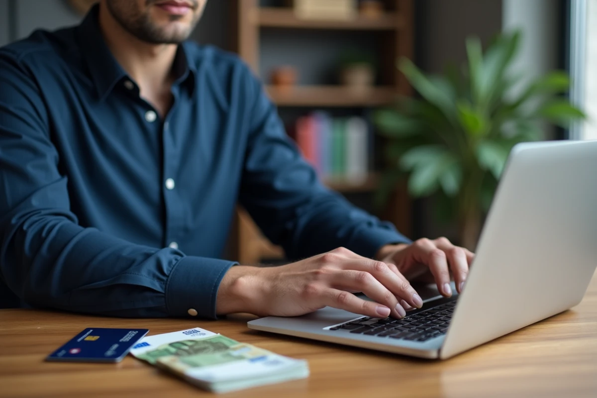 Homme gérant un dépôt d'argent en ligne avec une carte American Express depuis son bureau