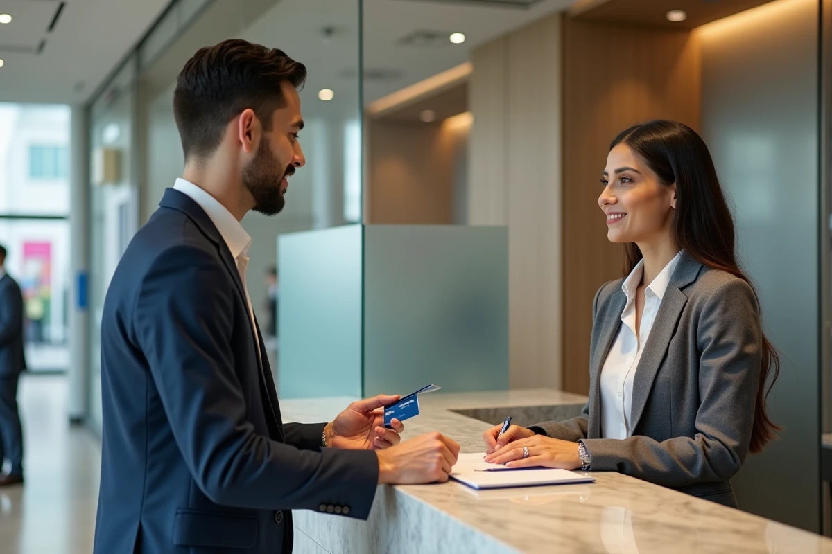 Couple déposant de l'argent en agence bancaire avec une carte American Express
