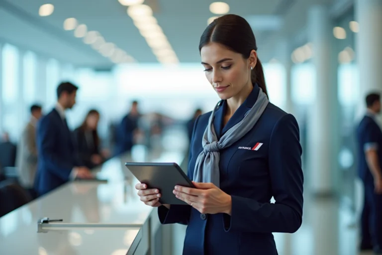 Employée Air France en uniforme consultant une tablette numérique au comptoir d'enregistrement d'un aéroport international