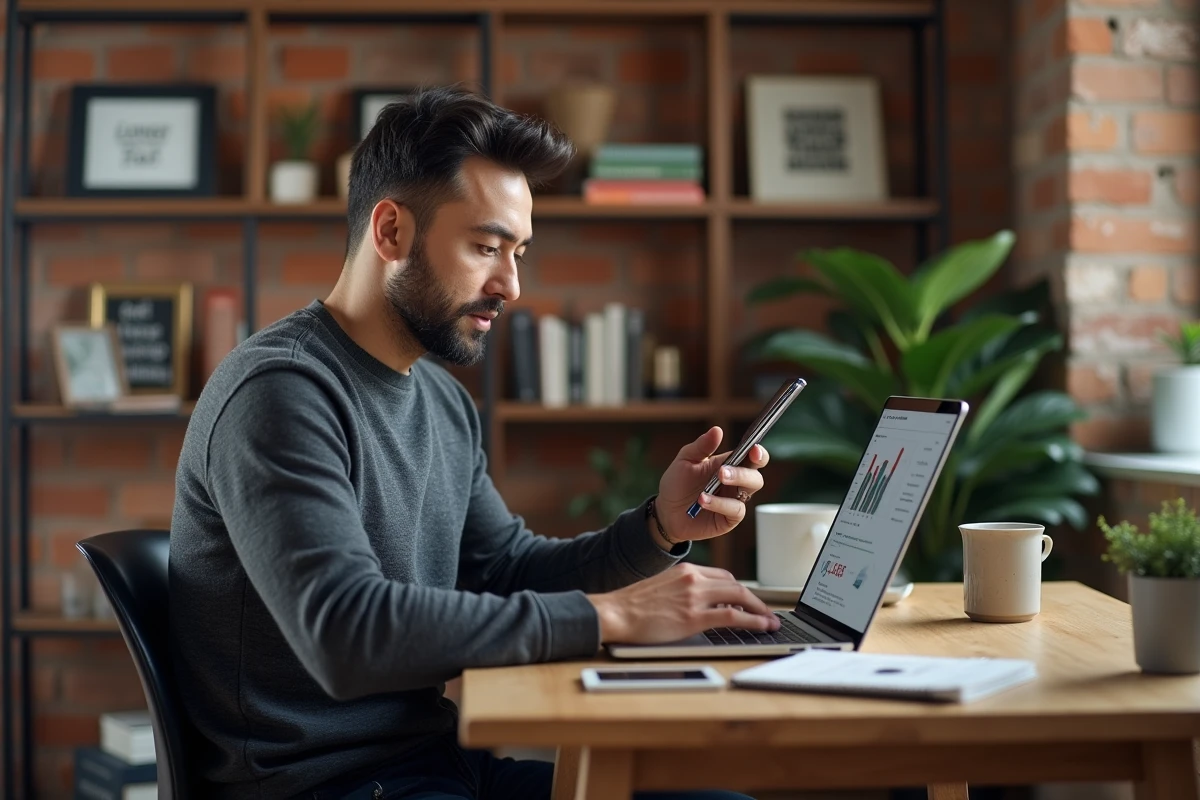 Entrepreneur travaillant sur des outils numériques innovants depuis son bureau à domicile pour développer son activité en ligne