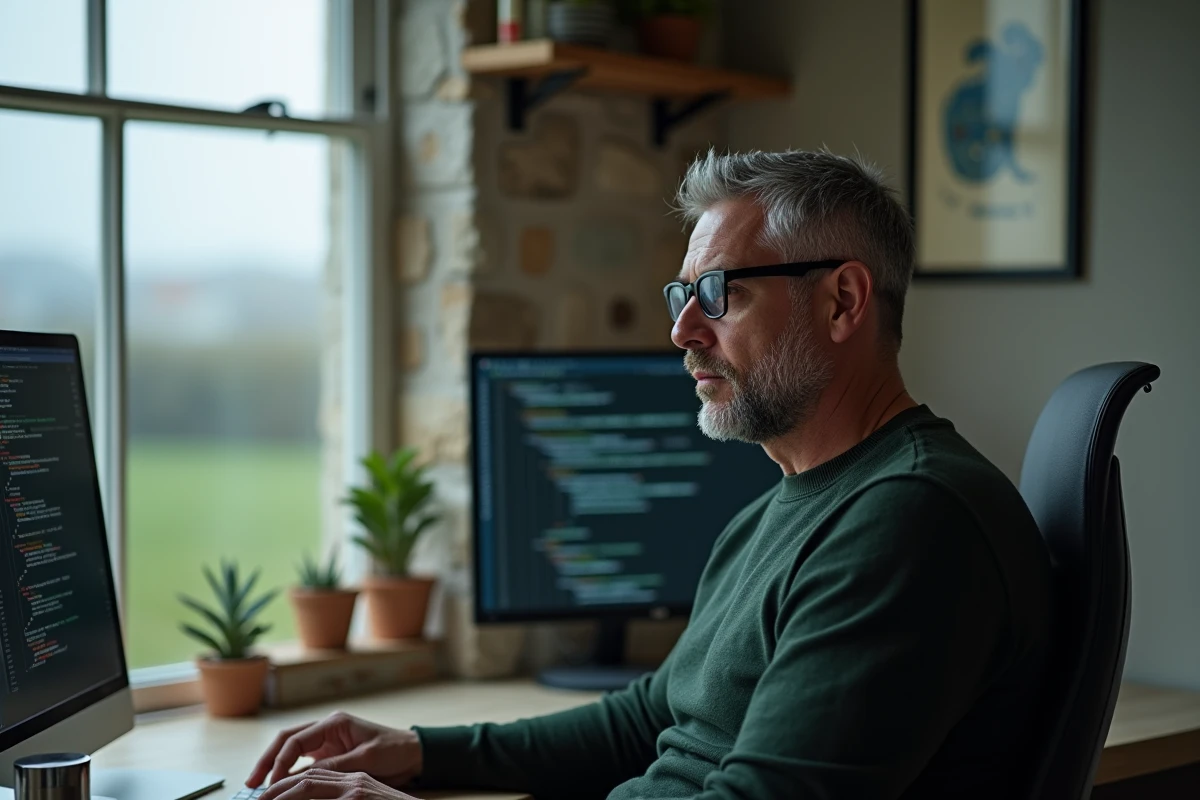 Entrepreneur breton en télétravail travaillant sur des solutions numériques innovantes depuis son bureau à domicile en Bretagne rurale