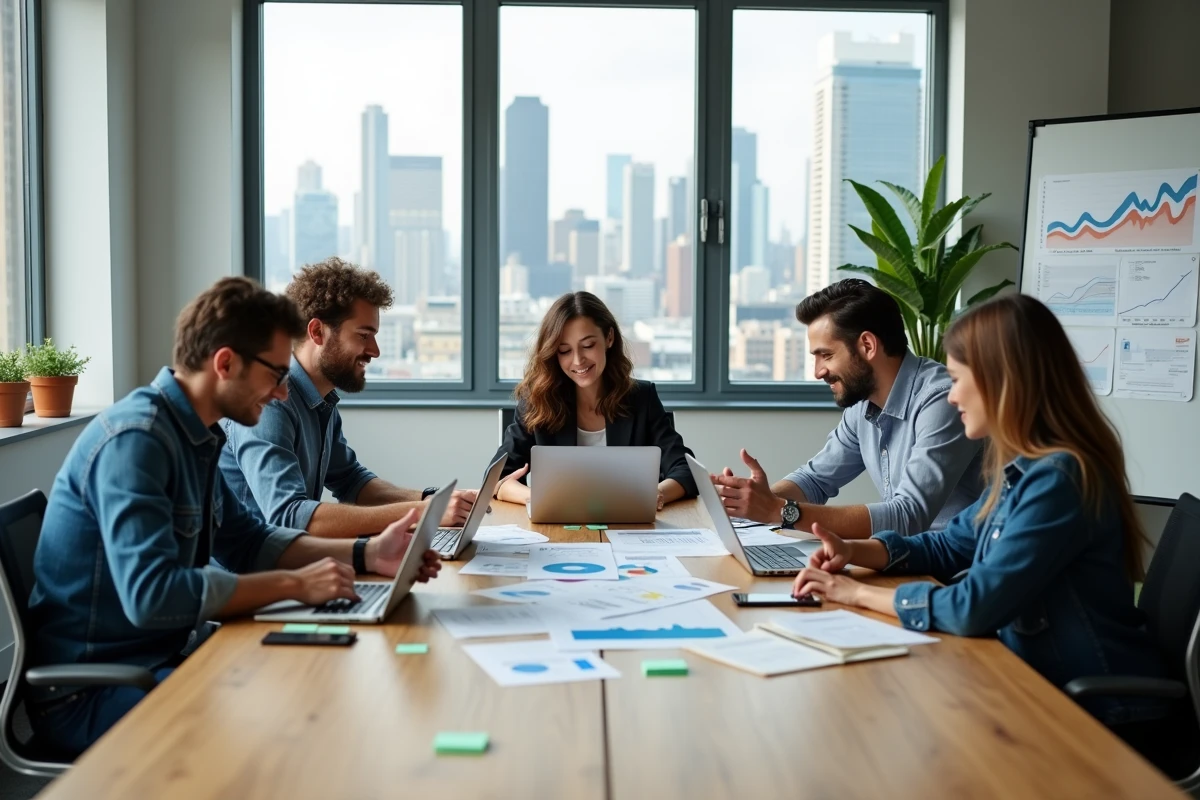 Équipe de professionnels collaborant autour de solutions digitales innovantes pour accélérer la croissance d'une startup