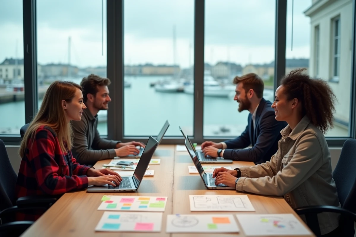 Équipe de professionnels bretons collaborant sur un projet de transformation digitale autour d'une table de travail avec ordinateurs et prototypes numériques à Brest
