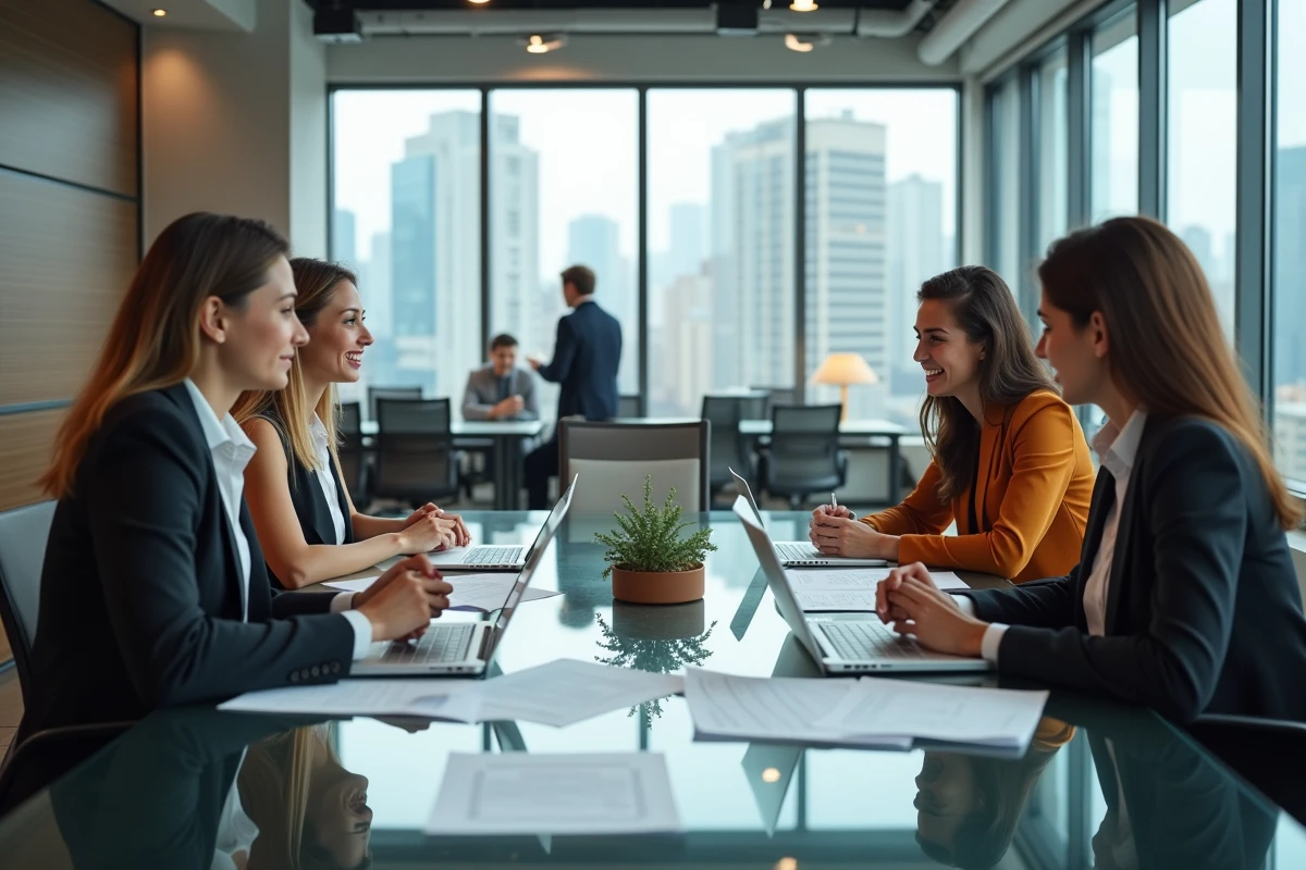 Équipe de professionnels en réunion autour d'une table de conférence avec stratégie de contenu et ordinateurs portables dans un espace de coworking moderne, représentant l'externalisation et la rédaction web d'entreprise