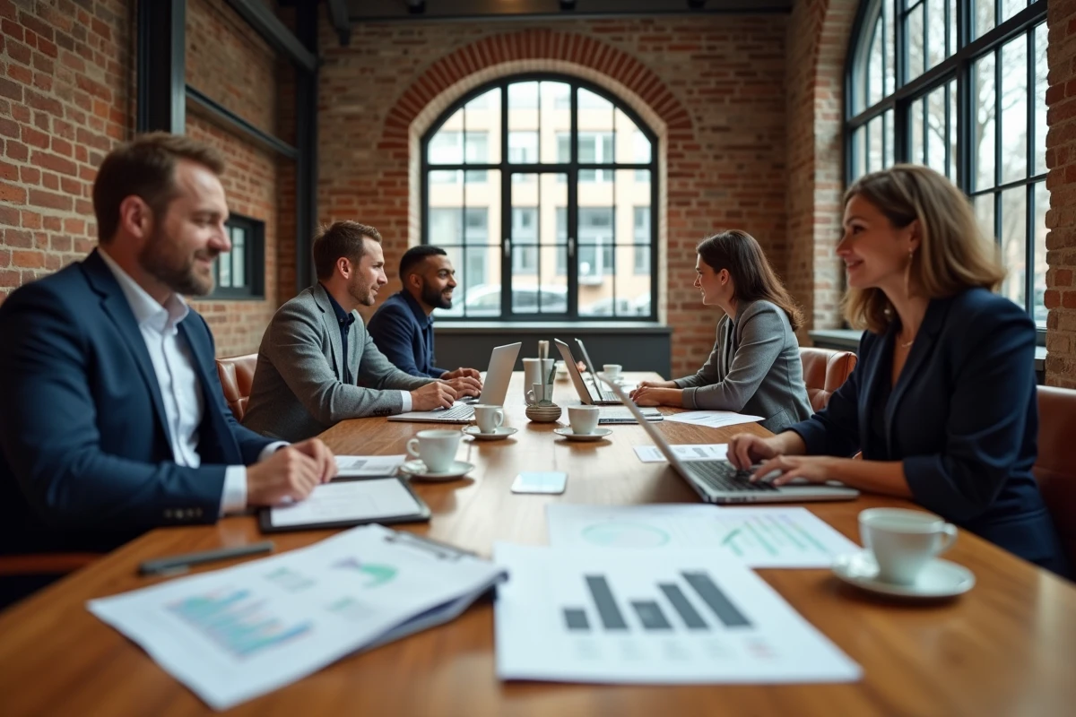 Équipe multiculturelle de professionnels réunis autour d'une table de réunion avec des graphiques de croissance, dans un espace de coworking européen modernisé