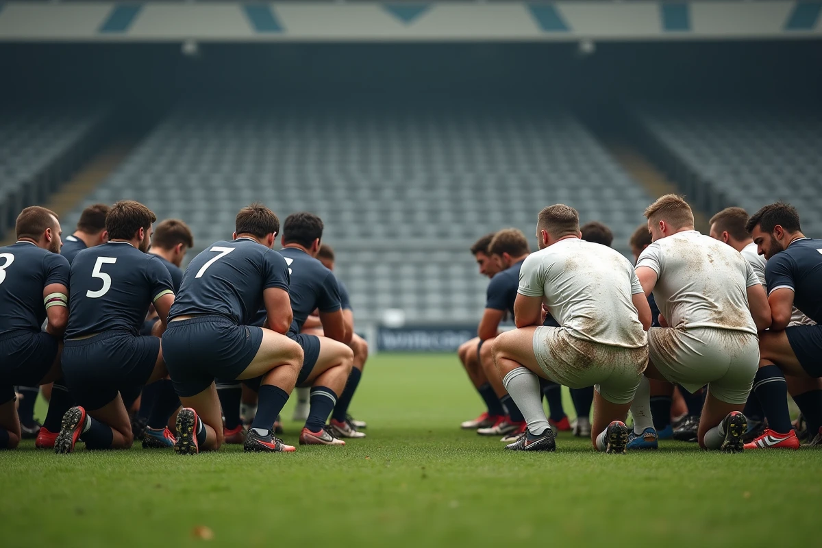 Deux équipes de rugby regroupées en huddle séparé lors de la pause de mi-temps sur un terrain boueux