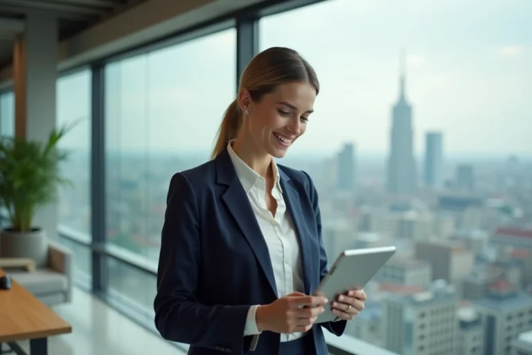 Femme d'affaires européenne consultant une tablette dans un bureau moderne avec vue sur une ville, illustrant la croissance des entreprises en Europe en 2024