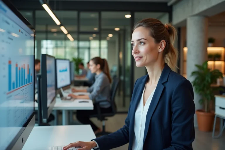 Femme d'affaires analysant des tableaux de bord numériques dans un bureau moderne pour booster la croissance de son entreprise grâce aux solutions digitales