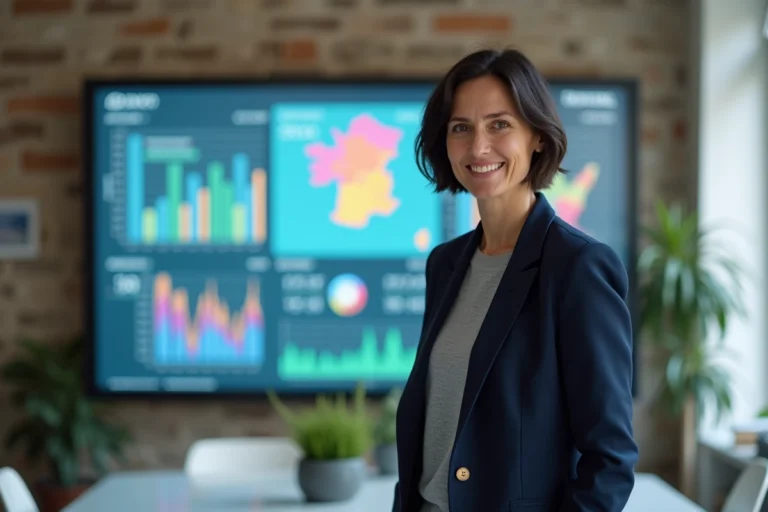 Femme d'affaires bretonne présentant un tableau de bord de transformation digitale sur écran interactif dans un espace de coworking à Rennes