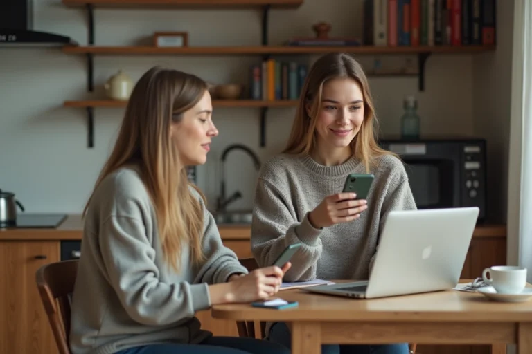 Jeune femme assise à une table de cuisine avec ordinateur et smartphone