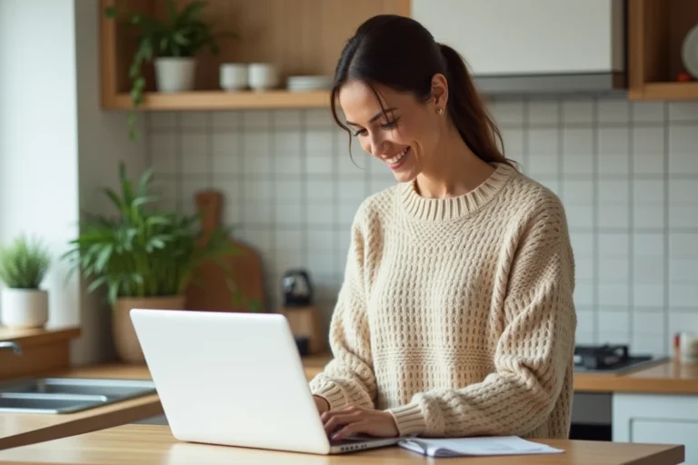 Femme commandant une livraison en ligne sur son ordinateur portable dans une cuisine moderne
