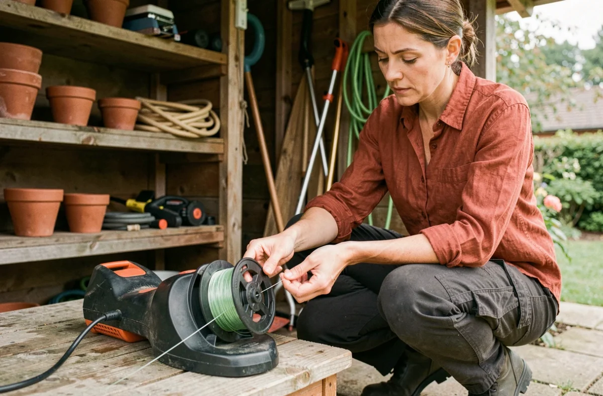 Femme inspectant la bobine d'un rotofil sans fil sur un établi en bois dans un atelier de jardin
