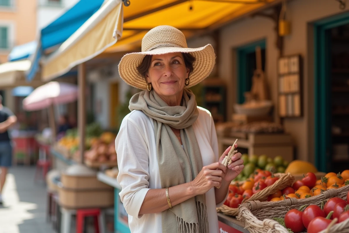 Femme mature au marché en ville méditerranéenne