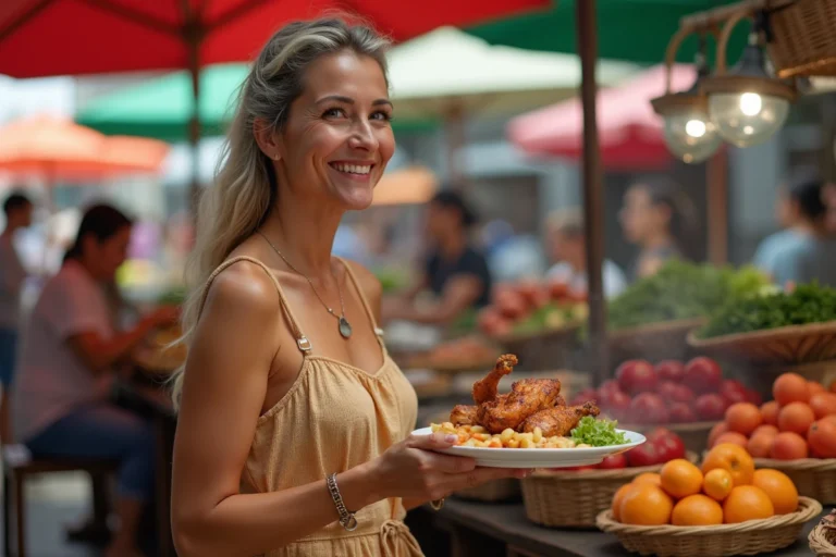 Femme souriante dégustant un poulet grillé au marché
