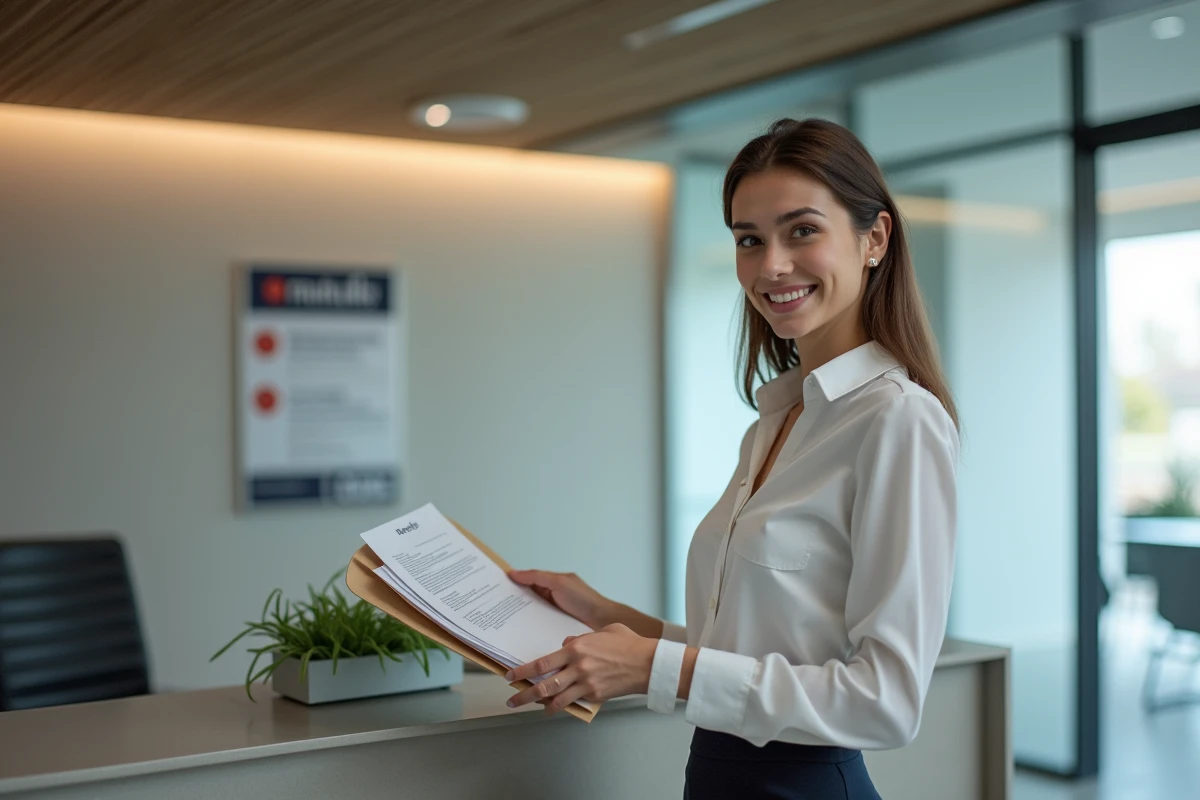 Femme souriante tenant un dossier d